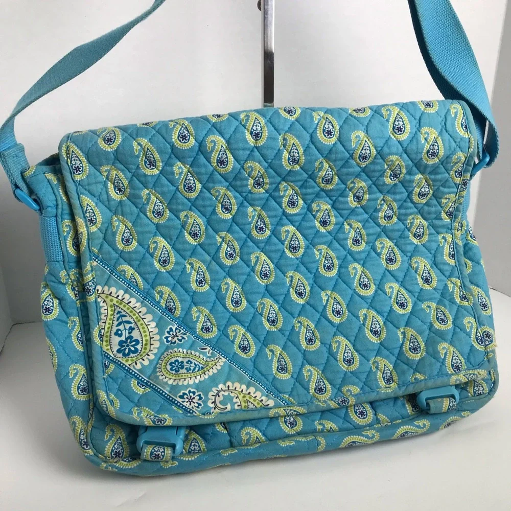 Vera Bradley Blue Paisley Quilted Laptop Multi Pocket Large Messenger Bag